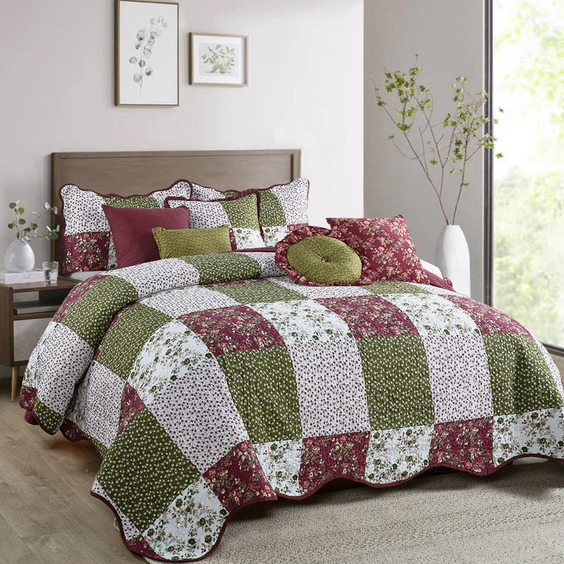 8 Piece Patchwork Bedspread Set, Burgundy, King Quilt + 4 Shams + 3 Throw Pillows