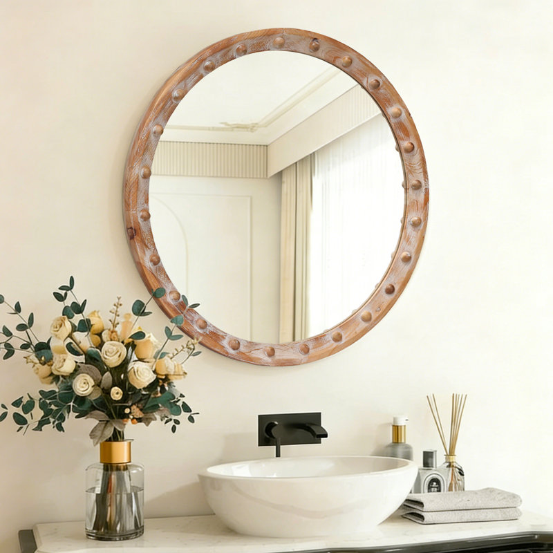 Miroir mural vintage rétro rustique avec cadre en bois vieilli et détail de rivet, 23,62 po