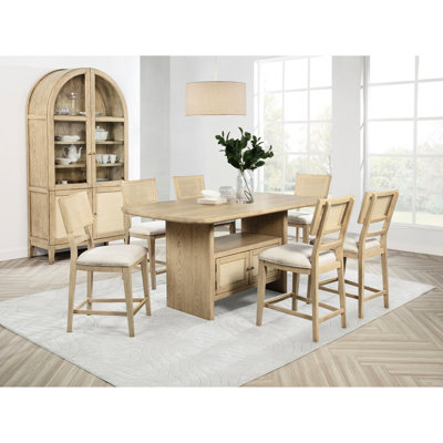 8 Counter Height Dining Of Beige Oak, Rectangular Table, Upholstered Chairs And Display Cabinet For Room Retro