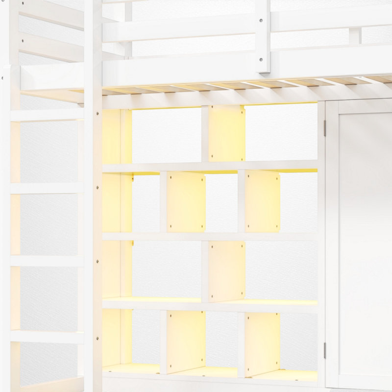 Lit mezzanine simple avec garde-robe, tablettes, glissade et lumières DEL