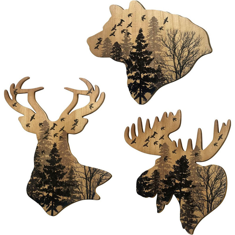 Ensemble de 3 décorations fauniques en bois naturel