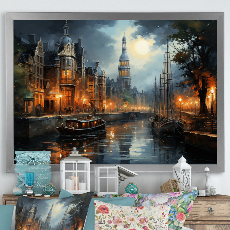 «Danemark Amsterdam Canal at Night I», reproduction sur toile, H 30 po x l 40 po x P 1,5 po, Cadre photo argenté