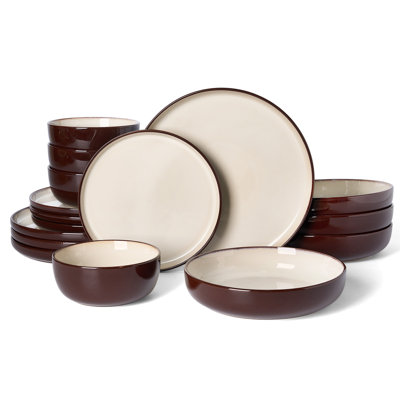 16 Piece Stoneware Dinnerware Set with Pasta Bowls- Service for 4, Light khaki & Cocoa