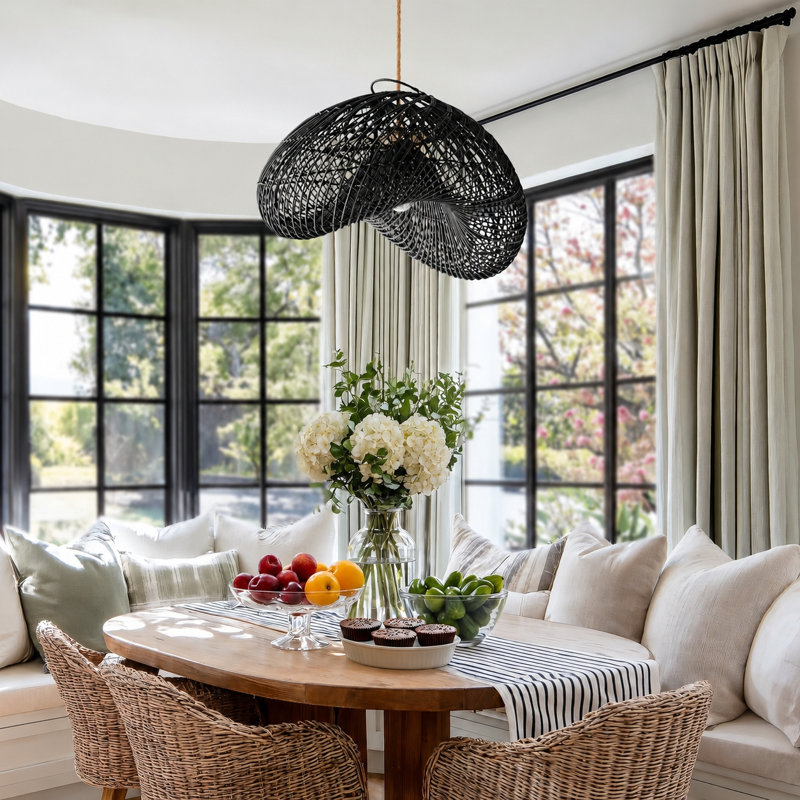 Lucian Rattan Pendant Light - 28" Black Handwoven Adjustable Ceiling Light For Kitchen Island, Dining Room or Living Room in Modern and Farmhouse Style