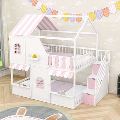 Full Over Full Wood House Bunk Bed with Storage Stairs