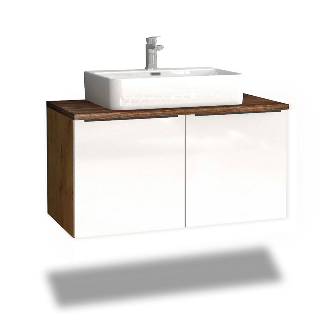 Odin washbasin with base cabinet, 96cm, alpine white / rustic oak / oak, metal handles