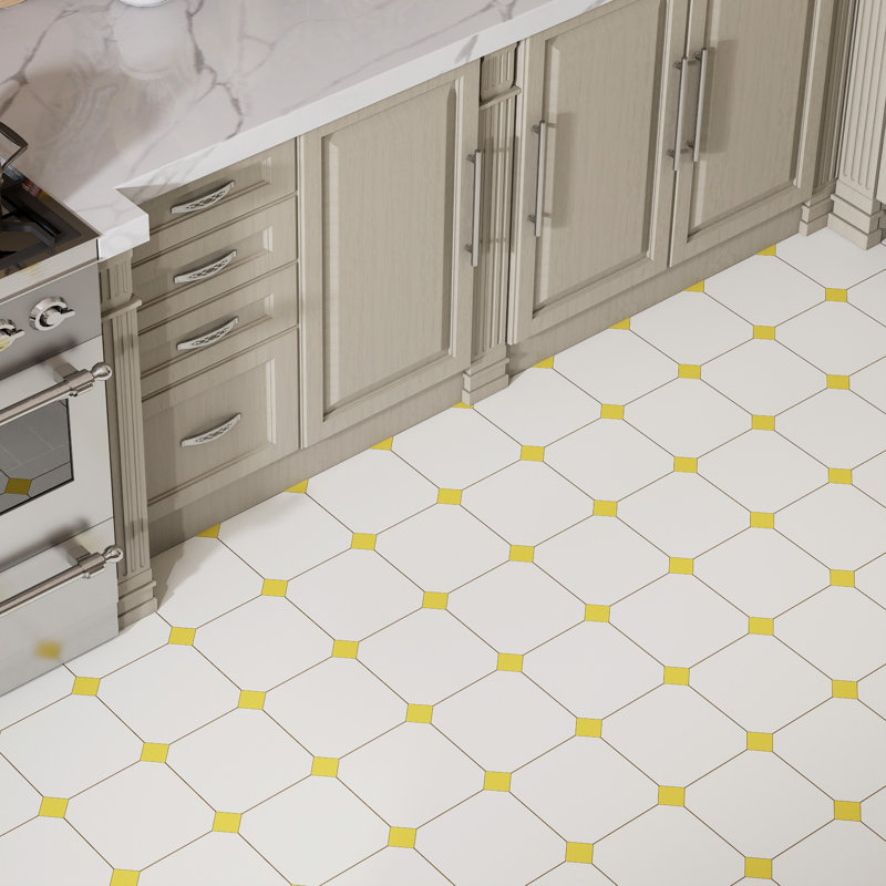 Vaudeville Octagon Nacar W/Taco 7-7/8 In. X 7-7/8 In. Porcelain Floor And Wall Tile, White/Yellow