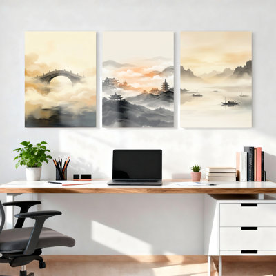 Ensemble de 3 tableaux sur toile représentant des paysages chinois, parfaits pour décorer un salon ou une chambre.
