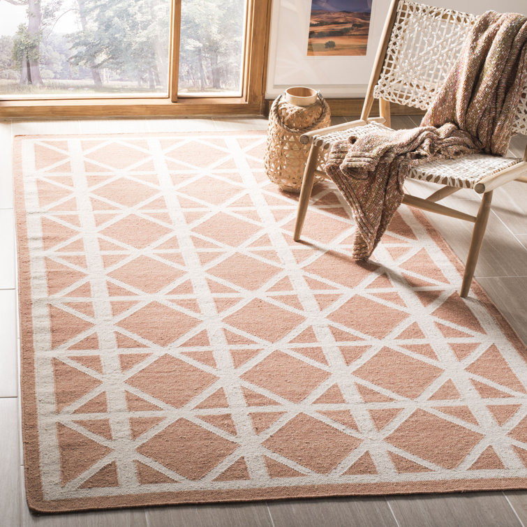 Rodgers Hand Woven Flat Weave Wool/Cotton Geometric Rug in Tan/Ivory