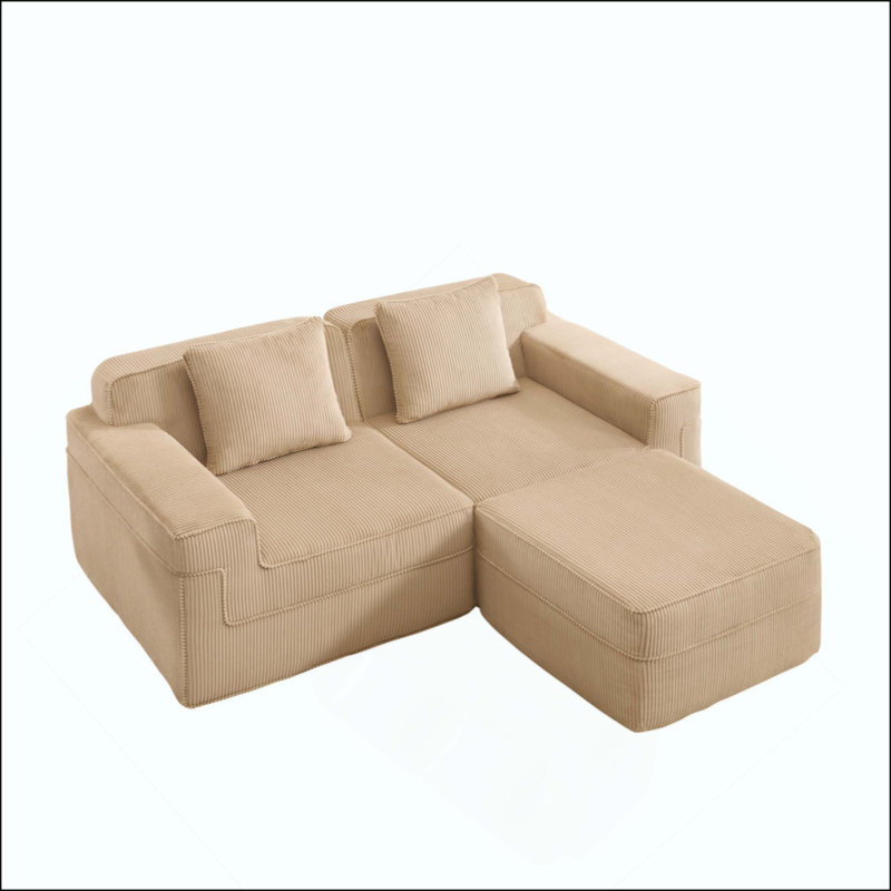 Canapé modulaire modulaire en L à 2 places sans os, canapé modulaire Cloud avec assise profonde, canapé modulaire moderne à 2 places avec coussins décoratifs et 1 repose-pieds mobile, tissu en velours côtelé