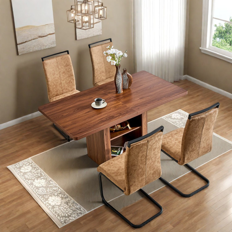 Ensemble de table de salle à manger extensible avec rangement, panneau de fibres à densité moyenne noyer et tissu brun, cuisine moderne