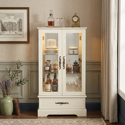Vitrine lumineuse vitrée à 2 portes avec tablettes réglables, tiroir intégré et ampoule incluse