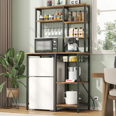 Semoic 7-tier Mini Fridge Stand With Storage, Microwave Storage Shelf With Power Outlet, Bakers Rack Stand, All In One Shelf For Dorm Kitchen Coffee Bar, Vintage Brown