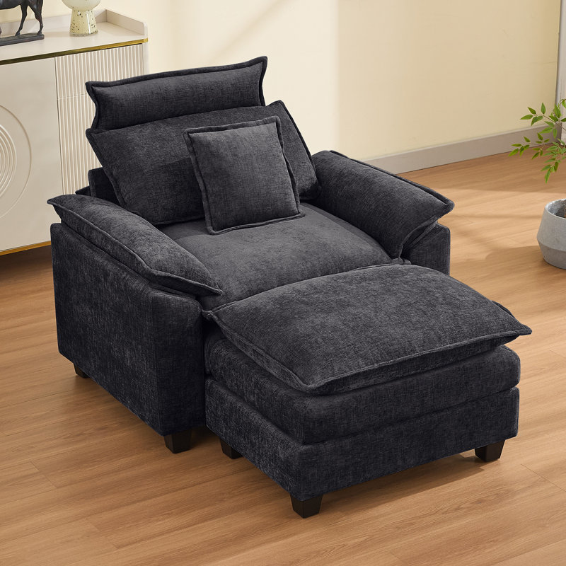 46" W Cloud Oversized Chenille Armchair with Ottoman, Black