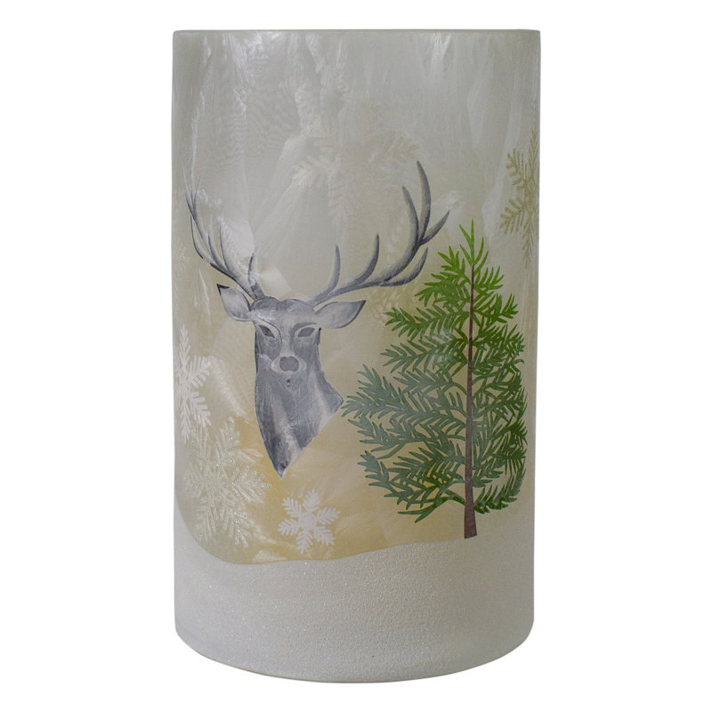 10" Deer Pine and Snowflakes Hand Painted Flameless Glass Christmas Candle Holder