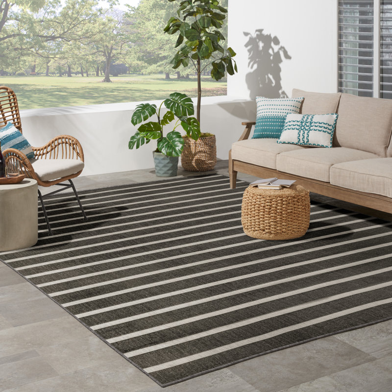 Shaila Striped Indoor / Outdoor Rug, Rectangle 7' x 10', Black/Ivory