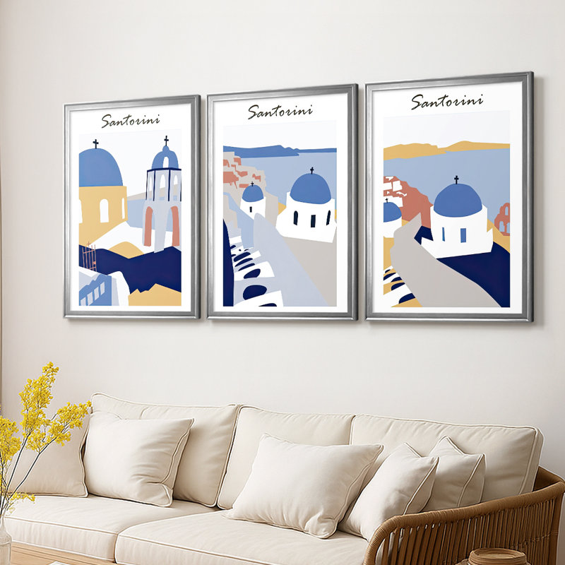 Santorini Grèce I - Toile tendue avec châssis sur mesure - 3 pièces, H 21 po x l 30 po, Argent argent