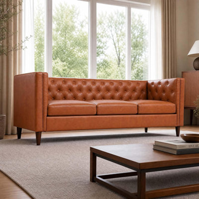 Canapé Chesterfield de style Mid-Century 3 places en cuir de style Chesterfield avec siège profond et boutons touffetés à la main, meubles pour espace de vie, appartement et bureau