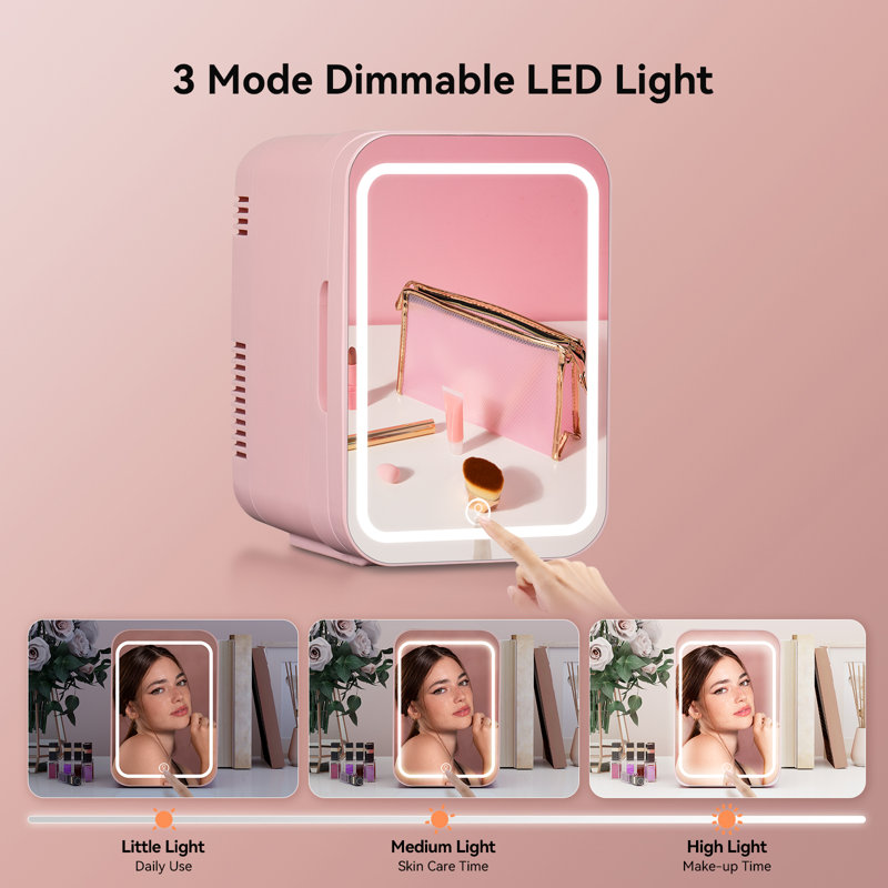 Mini Fridge 4L Car Refrigerator With LED Mirror, 3 Light Countertop Mini Fridge with Freezer, Pink