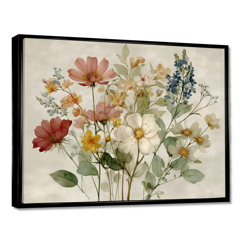 Bouquet de fleurs de campagne rétro - décoration murale, fleurs vertes encadrées, H 16 po x l 32 po, Cadre flottant, Noir