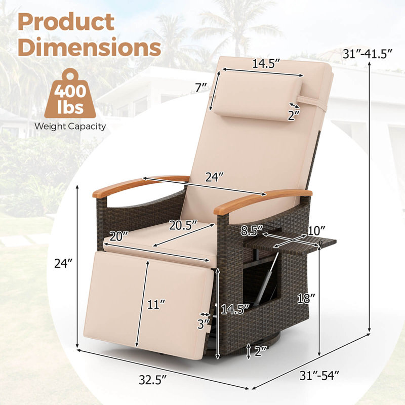 Chaise longue d'extérieur pivotante à 360 ° en rotin, Beige