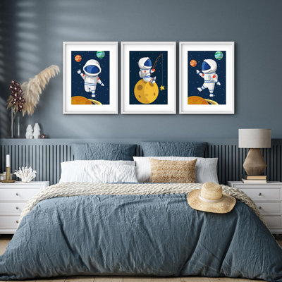 Framed Wall Art Collage Print Set, Astronaut Flies Through Space Kids Photography Colorful Illustrations Decorative for Living Room, Bedroom, Office