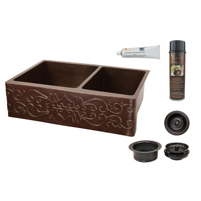 33" Hammered Copper Kitchen Apron 60/40 Double Basin Sink w/ Scroll Design with Matching Drains, and Accessories