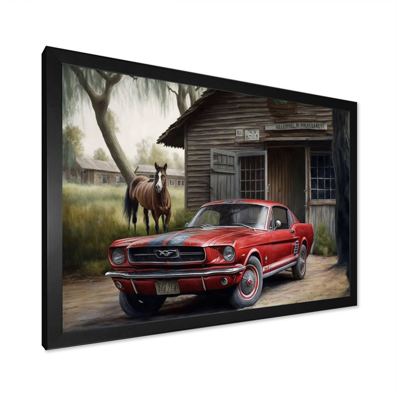 «Red Mustle Car on a Ranch», reproduction sur toile, L 20 po x H 12 po, Impression noire sur toile encadrée
