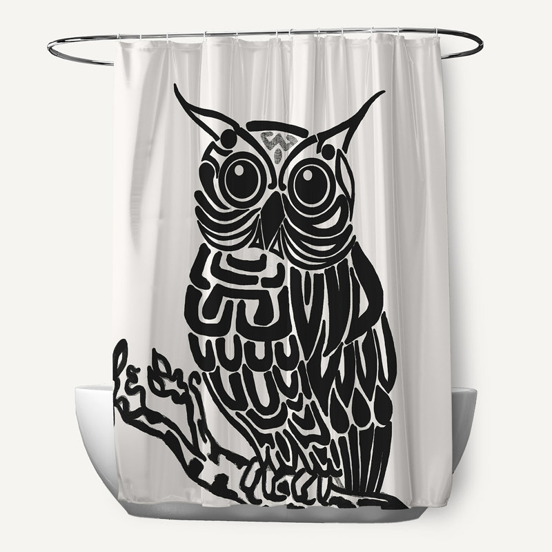 Rideau de douche à imprimé simple avec 12 trous de bouton hootie oiseau, Blanc cassé / noir