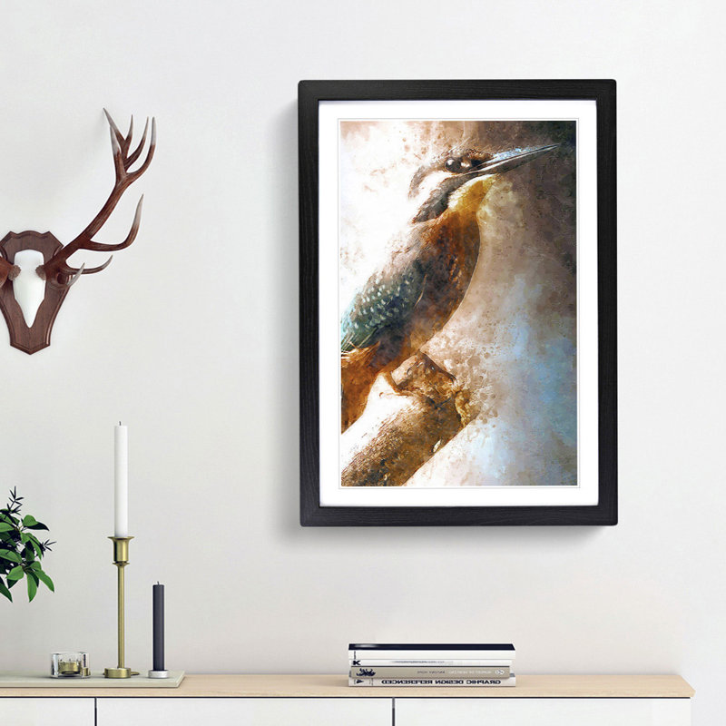 Beautiful Kingfisher Bird in Abstract - Picture Frame Graphic Art Print, 65cm H x 48cm W x 2cm D, Black Framed
