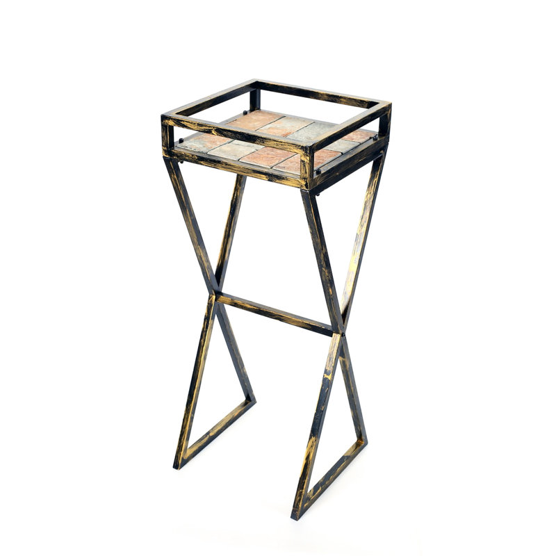 35.5" Grey Stone Slab Metal Plant Stand - Chip- Finish, 12.25" X 0.50" Platform Details In Rustic Style, 14" 31.75" Leg Dimensions