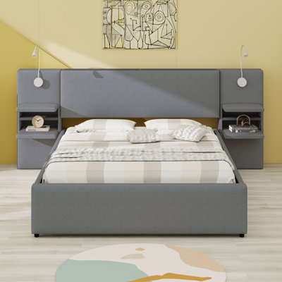 Lit plateforme tapissier en lin avec 2 tiroirs de rangement, lampes de lecture, tête de lit avec rangement, étagère de rangement