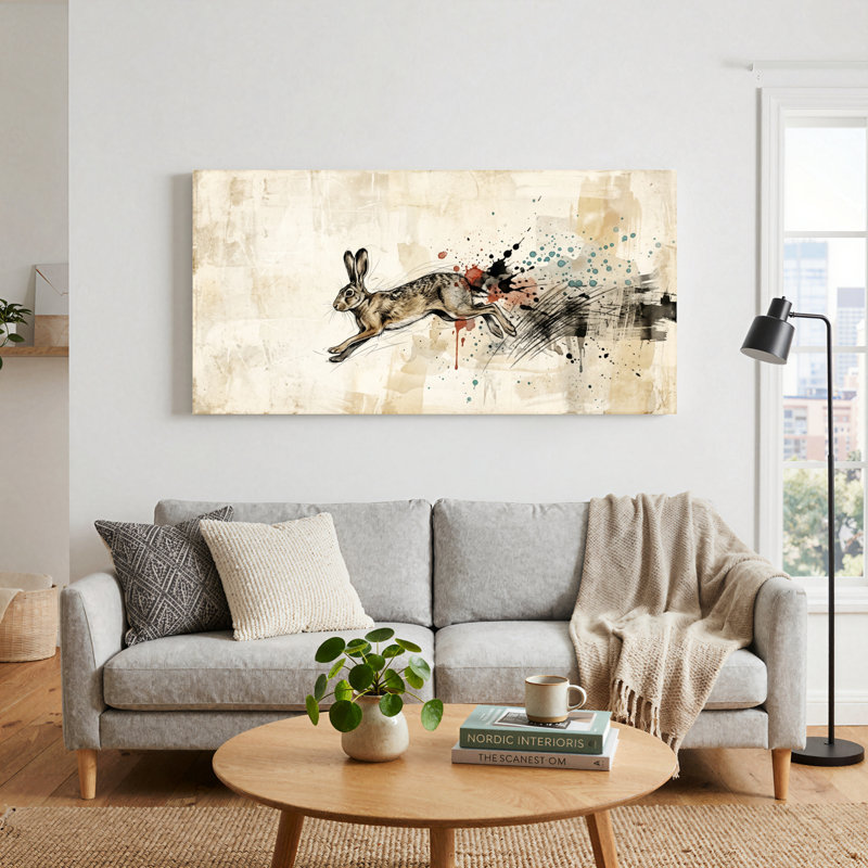 Ensemble de 1 tableau sur toile représentant un lièvre courant, 32“W x 16”H, Toile tendue