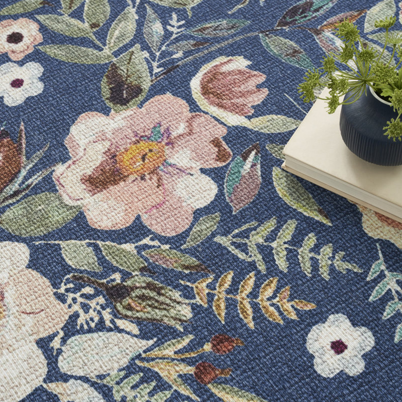 Tapis floral bleu et vert lavable à la machine 5 pi x 7 pi