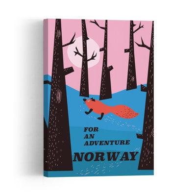Affiche murale minimaliste abstraite représentant un renard roux dans une forêt, une aventure hivernale.