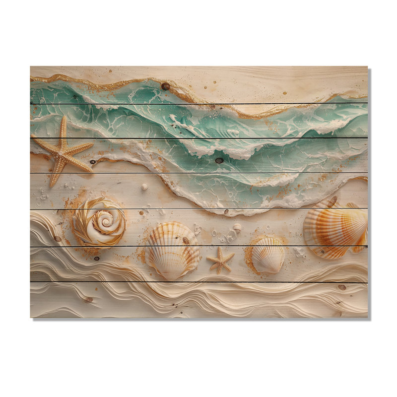 Coquillage et paysage de plage marbré I - décoration murale en bois côtier - sur bois de pin naturel
