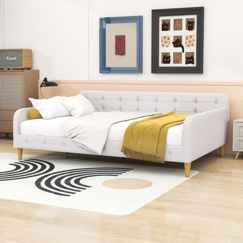 Elegant Linen Upholstered Daybed with Armrests, Beige, Full