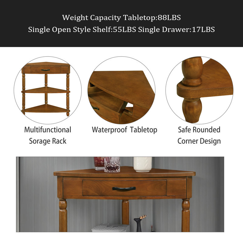 33.8'' Small Triangle Corner Table, Wood Corner Side Table For Small Spaces/ Living Room, 3 Tier End Corner Table With Solid Wood Legs