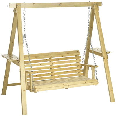 Balancelle suspendue d'extérieur, chaise suspendue en bois 2 places avec tables d'appoint et chaînes métalliques, banc suspendu extérieur