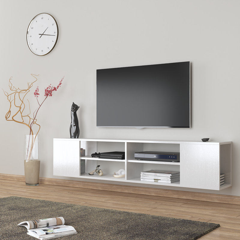  Meuble télé flottant moderne pour téléviseur de 80 po ou moins Rosita - console multimédia minimaliste murale avec tablette, finition bois blanc