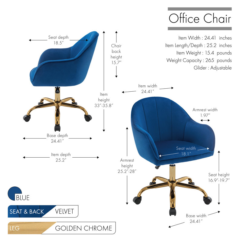 Chaise de bureau en velours Jaylyn avec base en chrome doré, Bleu