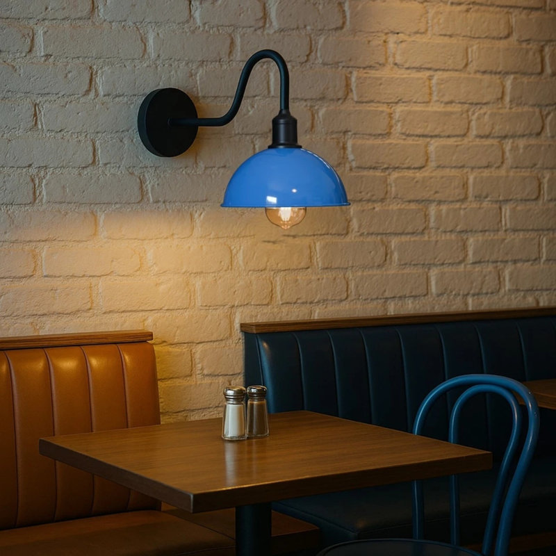 Modern Industrial Vintage Dome Wall Sconce – Fixed Curved Arm Metal Light for Bedroom, Hallway, Living Room, and Office., No