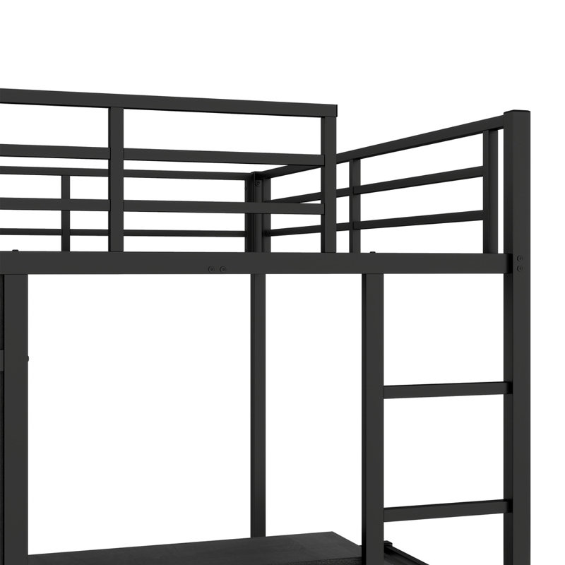 Lit double superposé au-dessus d'un lit simple en métal avec bureau pliant et garde-robe encastré à DEL, pour réduire le bruit et économiser de l'espace
