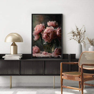 Flower Blossom " Watercolor Moody Pink Peony Floral Bouquets Framed Canvas Print 2 Pieces Wall Art