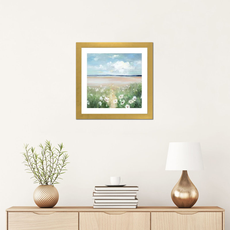 «Ocean Wildflowers» par Sally Swatland - reproduction d'art, H 16 po x l 16 po x p 1 po, Papier encadré doré, Blanc
