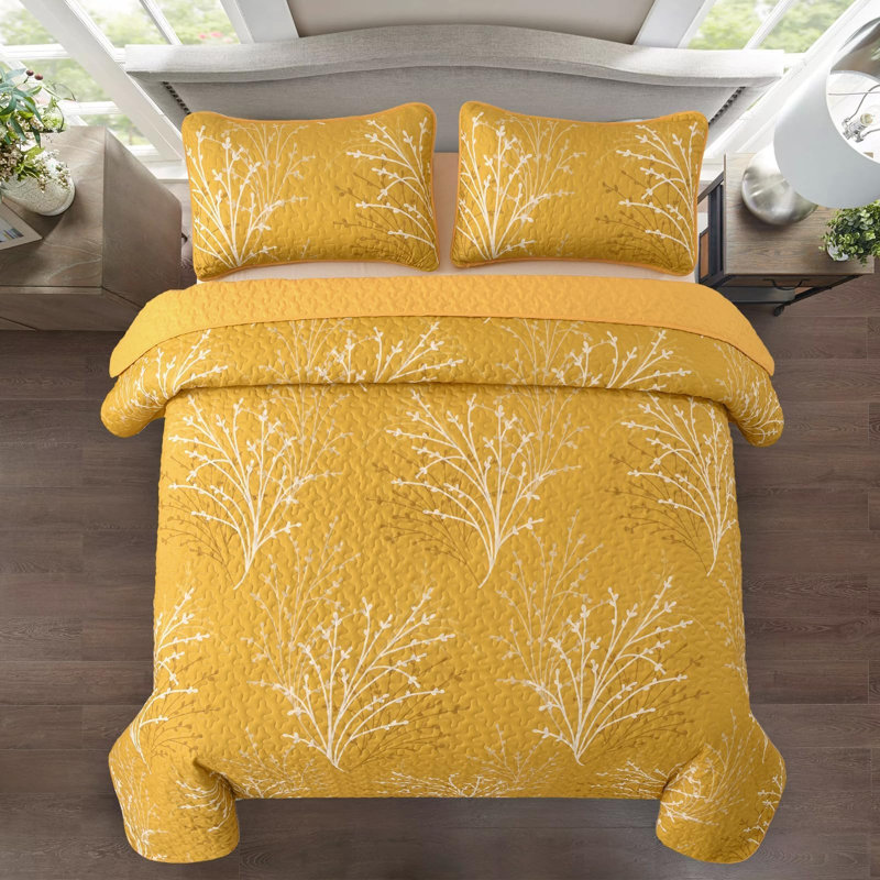 Ensemble de couvre-lit 3 pièces à motif botanique Branch, Jaune, Courtepointe pour lit grand + deux taies décorati
