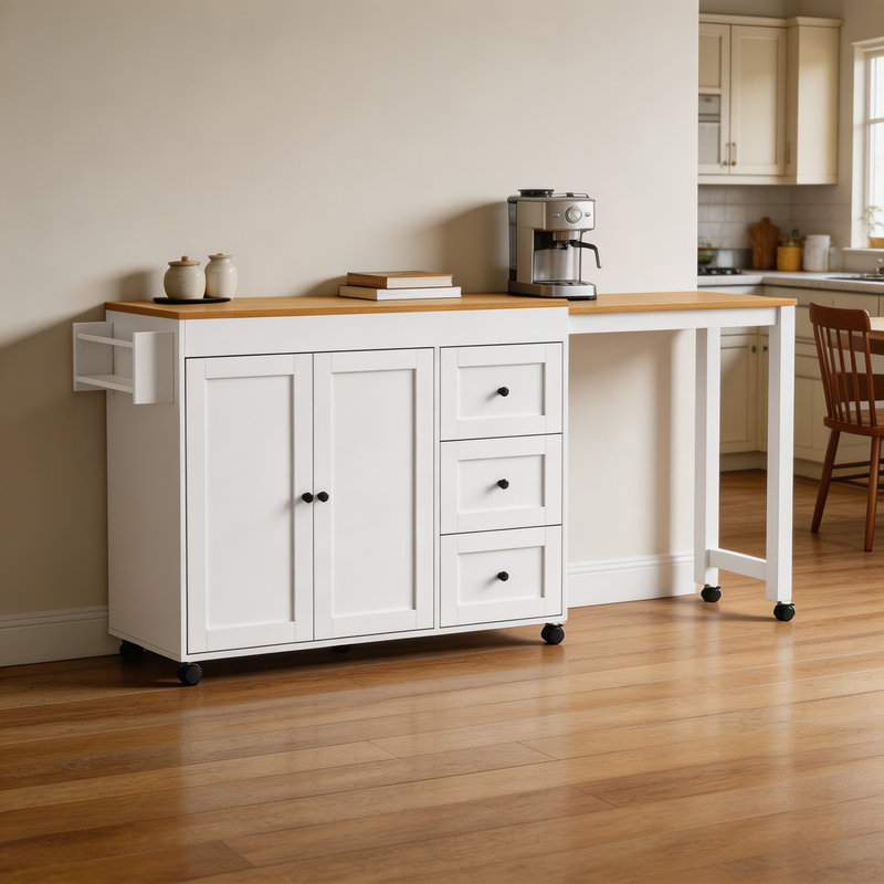 Îlot de cuisine de 190 cm (74,8 pouces) avec plateau-repas extensible, chariot de rangement à roulettes avec 3 tiroirs, prise électrique, étagère à épices et placard à 2 portes, conçu pour la cuisine, blanc