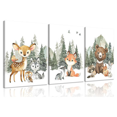 3 pièces Woodland Animal Nursery, art mural, forêt, aventure, thème, animaux, photos, affiches, décoration murale, mignon, aquarelle, cerf, ours, renard, reproduction d'art, impression pour enfants, chambre à coucher, décor, 12 x 16 po