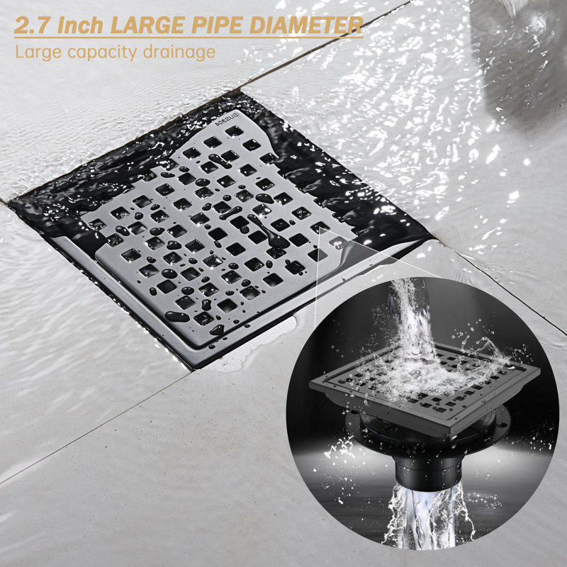 6'' W Grid Square Shower Drain, Matte Black