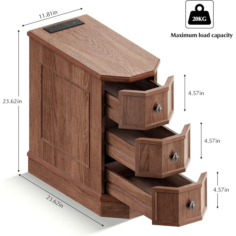 Bedside Table With Charging Station, Brown